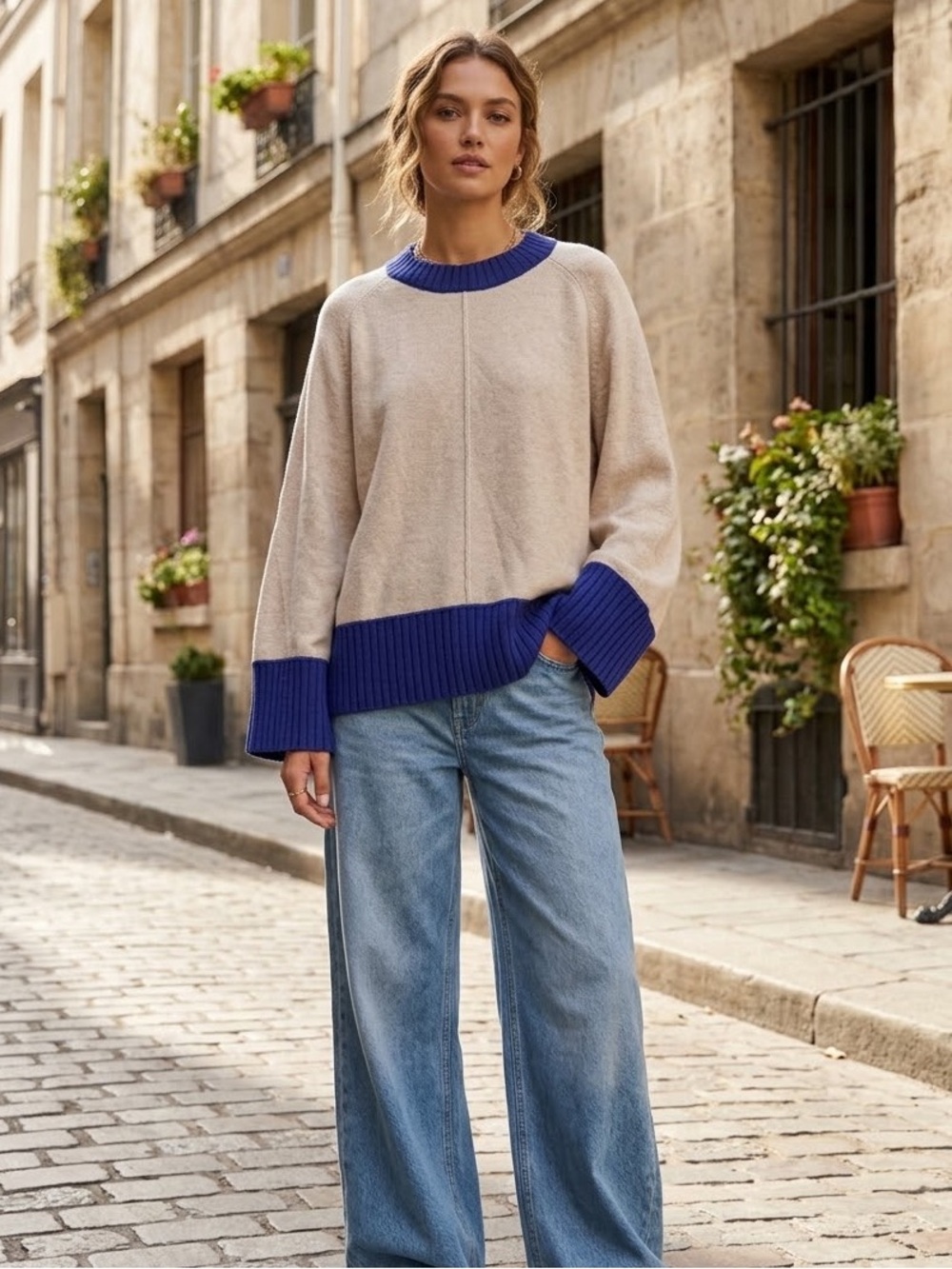Maeve Cream Sweater with Navy Ribbed Neck & Hem